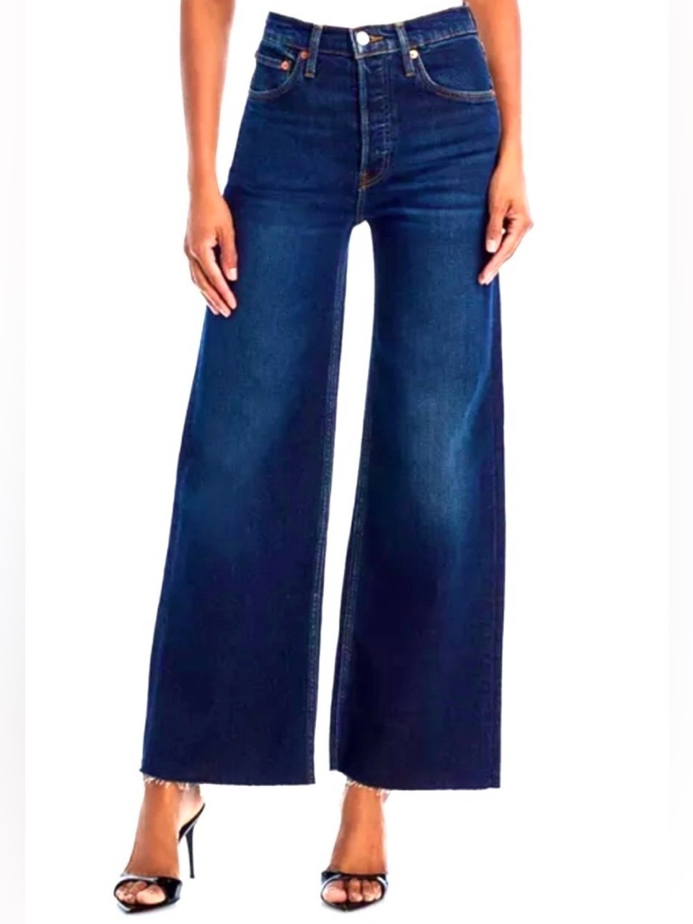 RE/DONE Wideā leg Cropped Jeans Raw hem Hidden Button fly Womenās 26 High rise
